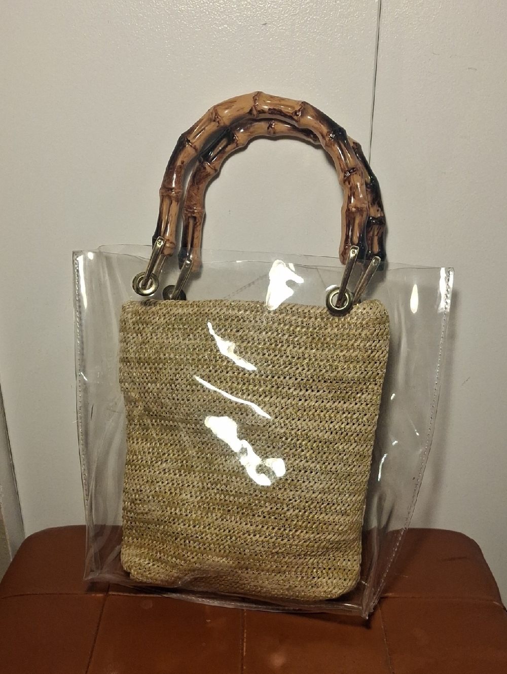 Clear Straw Tote with Bamboo Handles - Natural